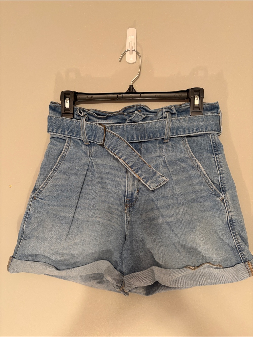 High-Rise Light Blue Denim Paperbag Shorts with Tie Belt